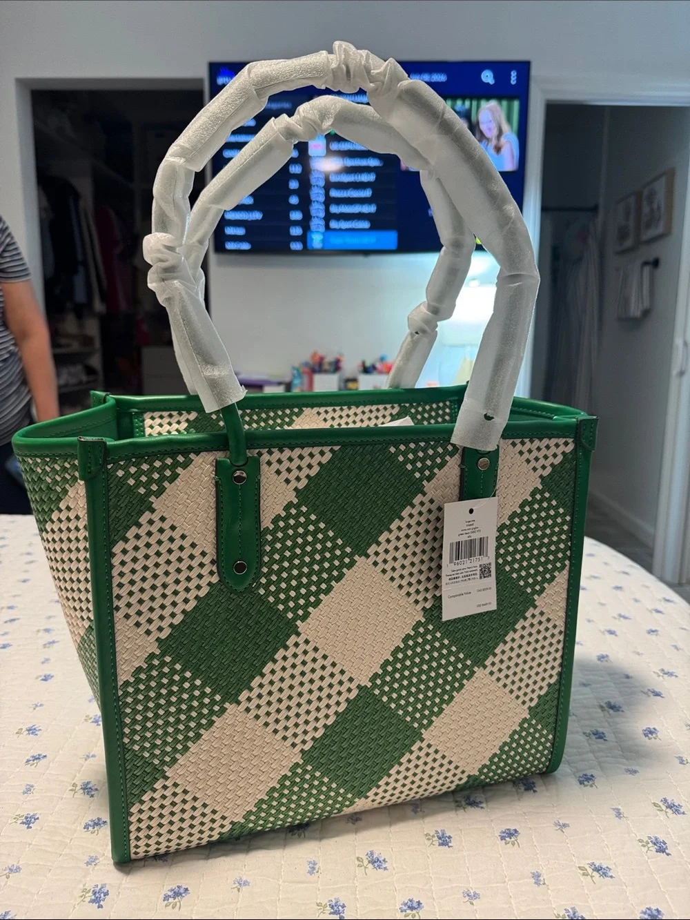 kate spade Green and White Woven Checker Large Tote